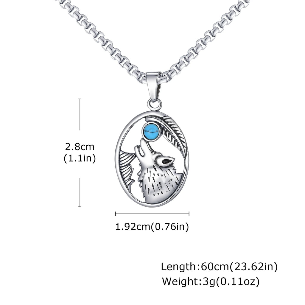 Wolf Head Oval Men's Sliver Stainless Steel Pendant with Turquoise Stone