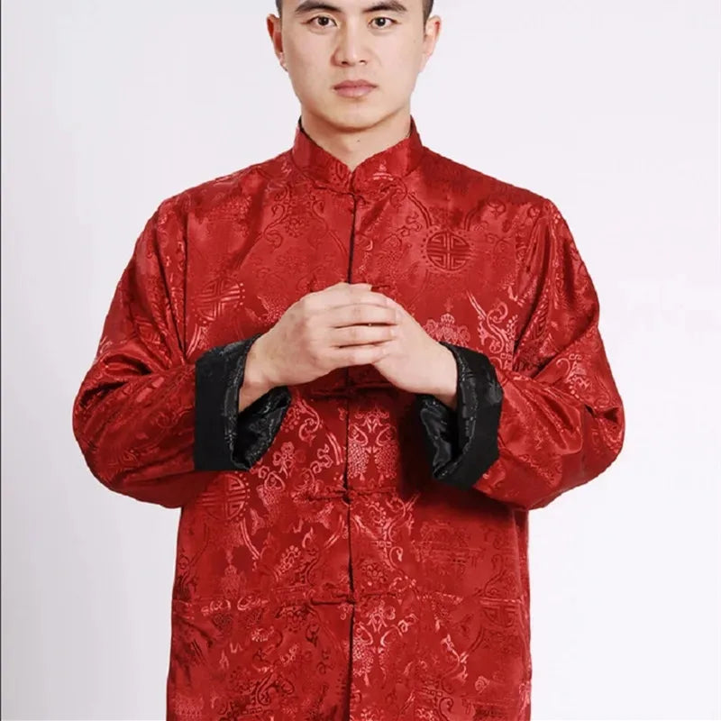 Men Chinese Satin Silk Tang Suit Double Faced Long Sleeve Jackets Size S-3XL