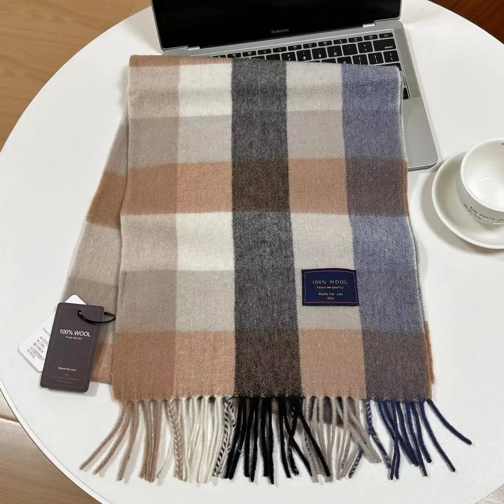 Men 100% Wool Plaid Muffler Cashmere Windproof Stripe Tassel Shaw Thick Scarf