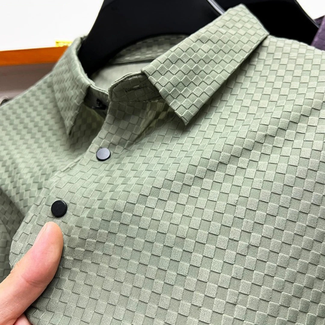 Luxury Ice Silk Lapel Breathable Polo Grid Print Short Sleeves Men's T-Shirt