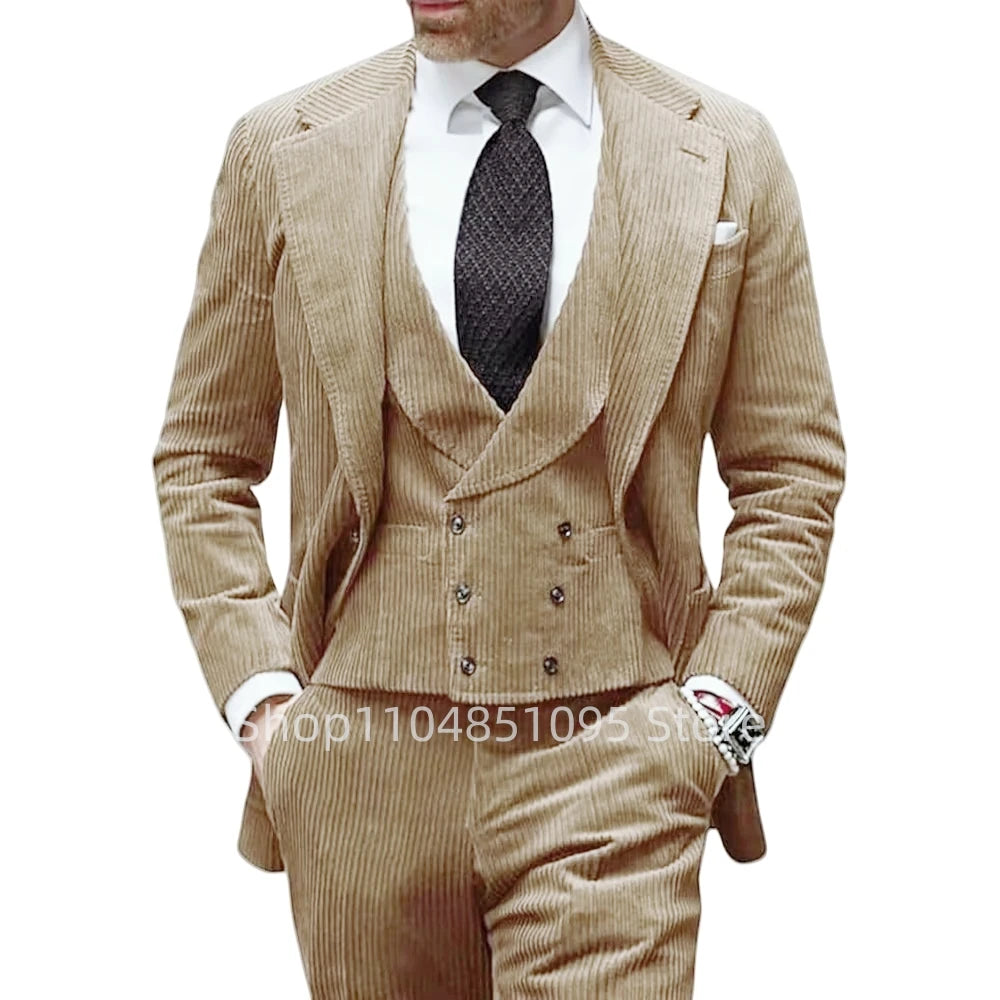 Corduroy Men's Suit Formal Tuxedo Slim Fit Blazer 3-piece Set Elegant Suit Men XS-6XL