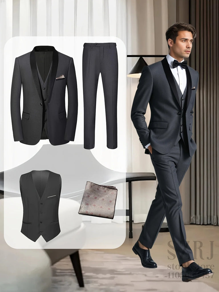 Men's 4pcs Tuxedo Suit: Jacket, Vest, Dress Pants &Pocket Square