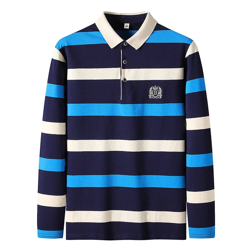 Men Cotton Long Sleeve Stripe Embroidery Casual Polo Shirt