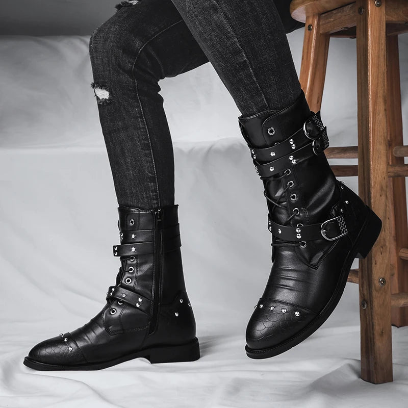 Men Leather Mid-calf Warm Black Gothic Belt Rivet Boots