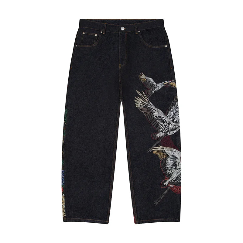 High Quality Washed Crane Landscape Embroidery Vintage Japanese Straight Leg Jeans Men's Streetwear