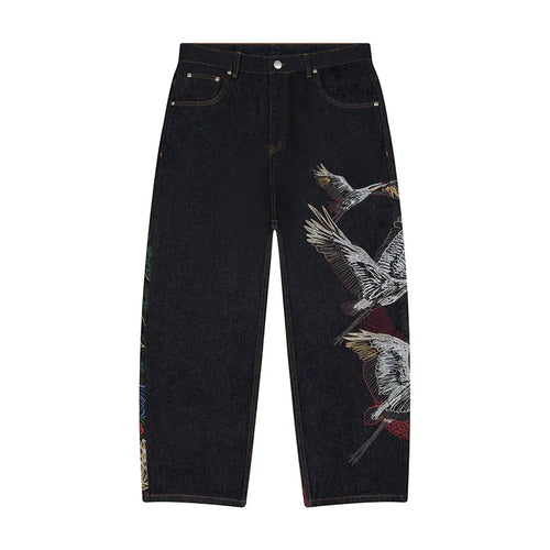 High Quality Washed Crane Landscape Embroidery Vintage Japanese Straight Leg Jeans Men's Streetwear