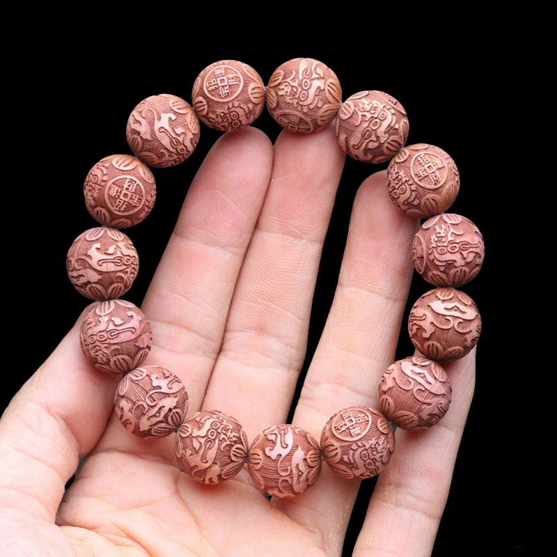 Multicolor Wooden Bracelet Men's 20mm Elastic Bead Lucky Mythical Animal Sculpture