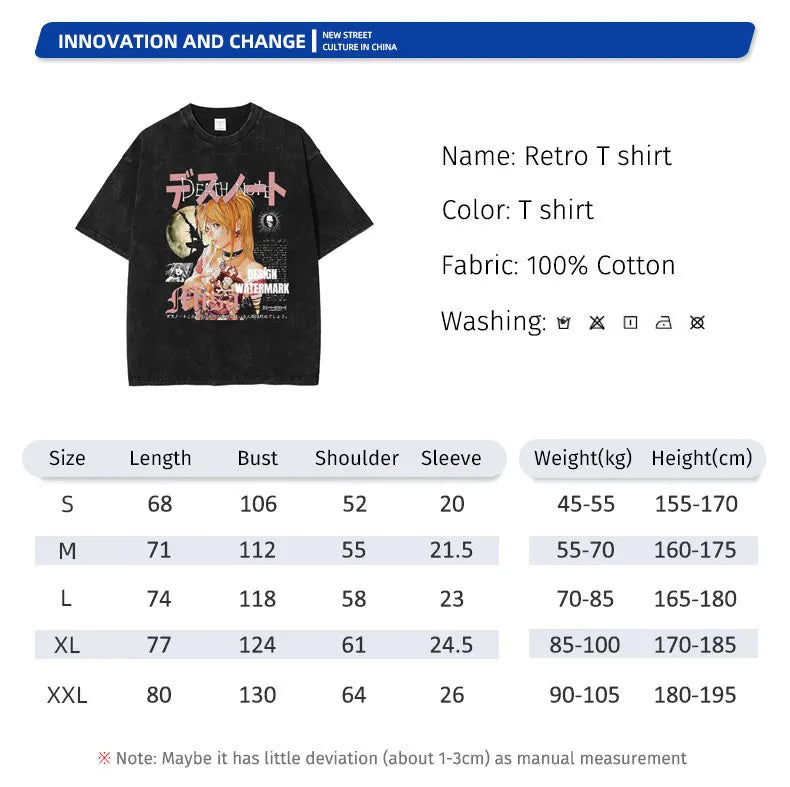 Death Note Oversized Vintage Washed T-shirts Streetwear Short Sleeve Manga top
