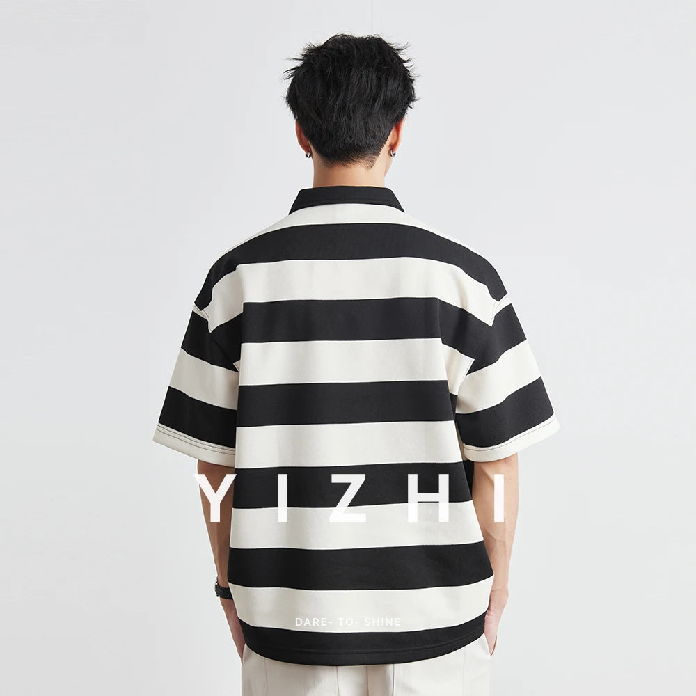Korean Retro Striped Color Blocked Short Sleeved Men's Trend Loose And Versatile Polo Shirt