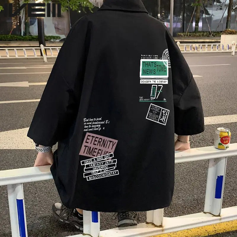 Japanese Men's Splicing Square Collar Button Letters Loose Casual Shirts