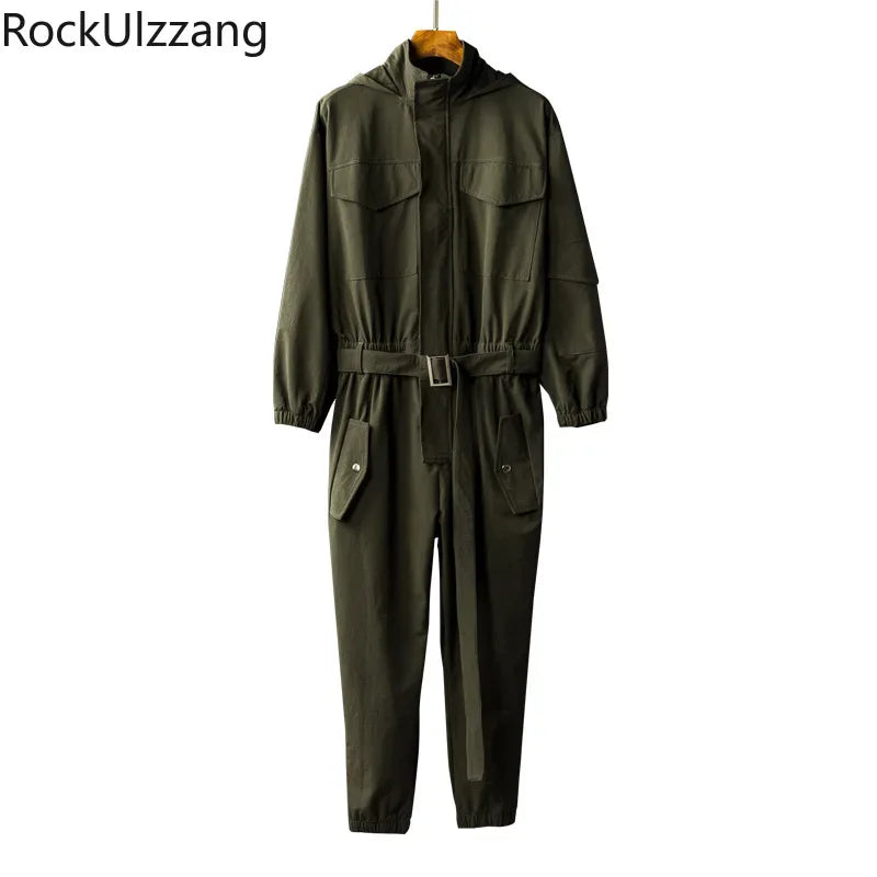 Zip Up Long Sleeve Hooded Jumpsuit Men Streetwear Japanese Romper Overalls