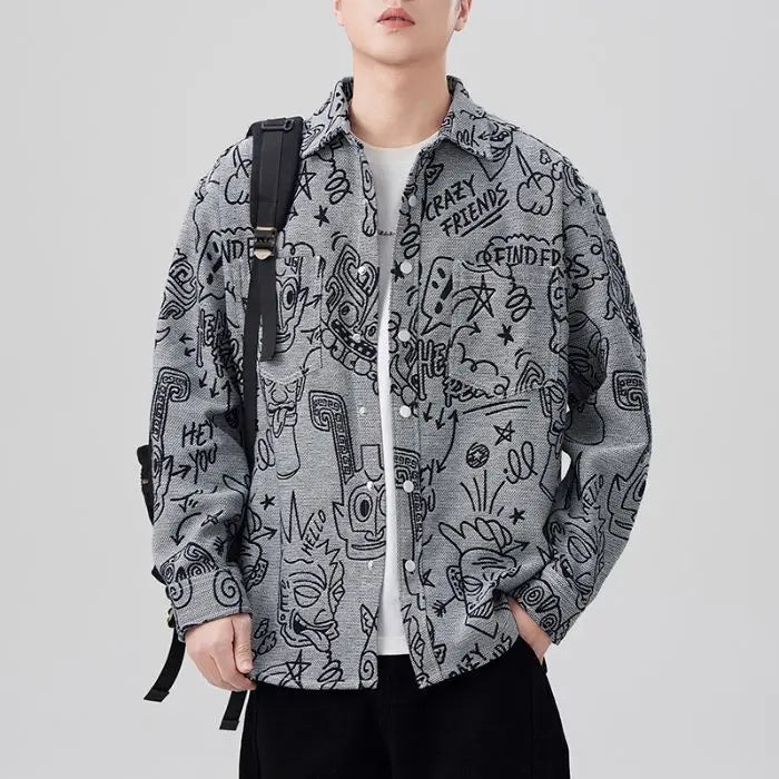 Men's Baggy Jacquard American Versatile Turn-down Collar Long Sleeve Trendy Coat