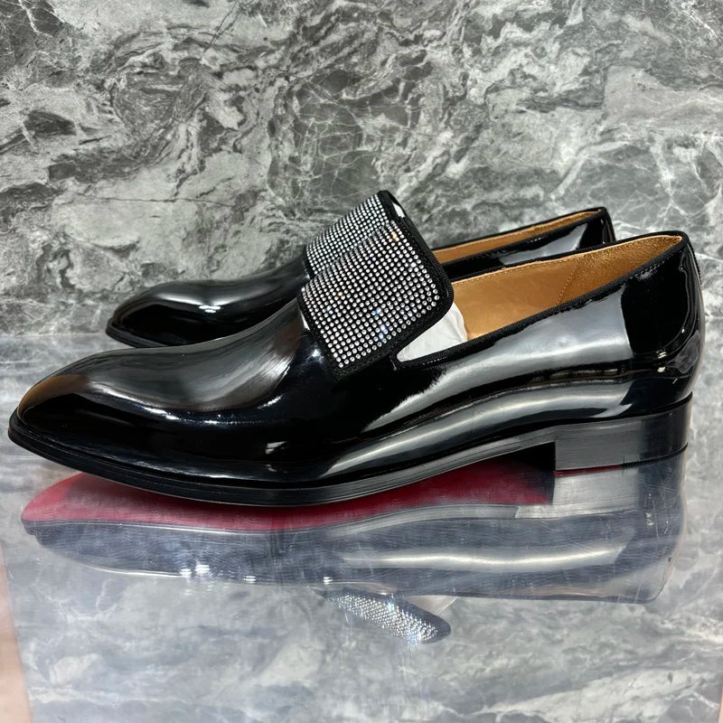 Men's Black Patent Leather Luxury Rhinestone Loafers Handmade Dress Shoes