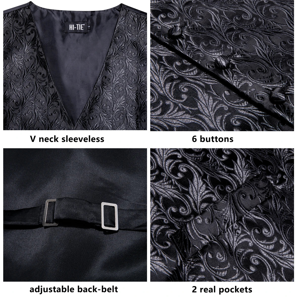 Men Silk Paisley Jacquard Necktie Handkerchief Cufflinks Sets V-Neck Waistcoat