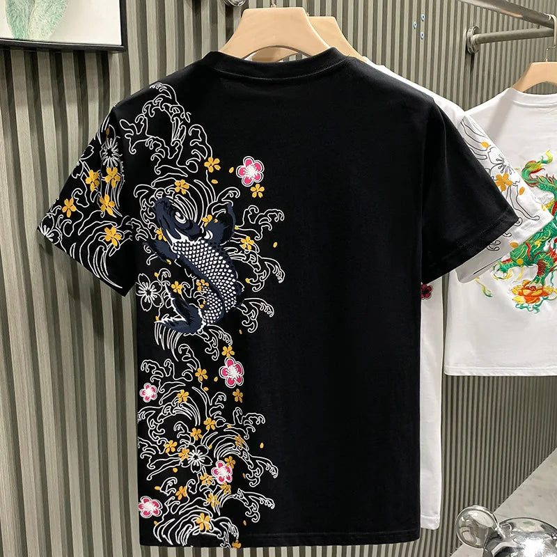 Trendy brand European-style Chinese koi short-sleeve T-shirt men's top