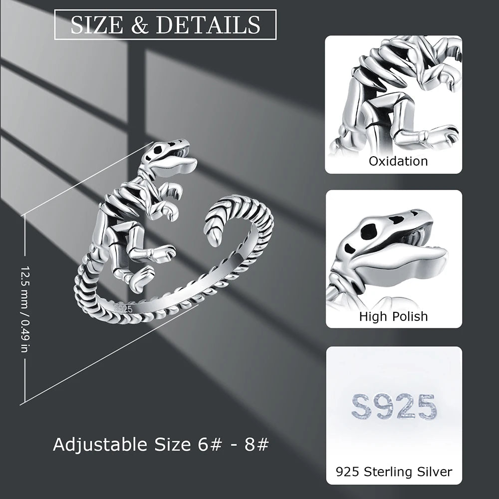 Sterling Silver Dinosaur Skeleton Adjustable Open Skull Vintage Rings Jewelry for Men