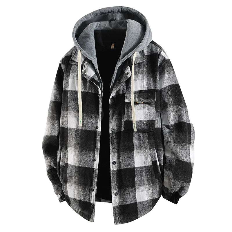 Plus Size Men's Fake 2pcs High Quality Cotton Plaid Loose Hooded Shirt Jackets