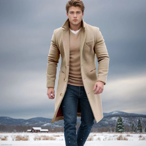 Men Elegant Woolen Jacket with Lapel Pockets Slim Solid Color Collar Trench Coat