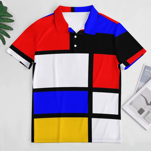Multi Geometric Print Polo Mondrian Style Streetwear T-Shirts Collar Oversized Clothing