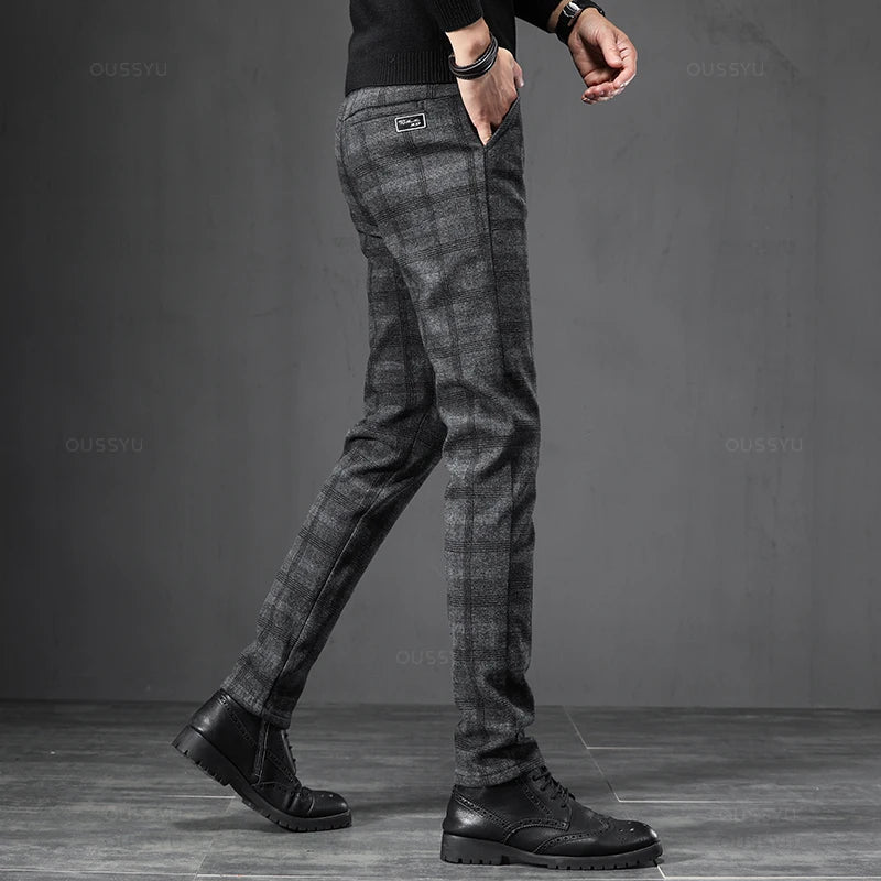 England Plaid Work Stretch Pants Men Slim Casual Pant Brand Trousers