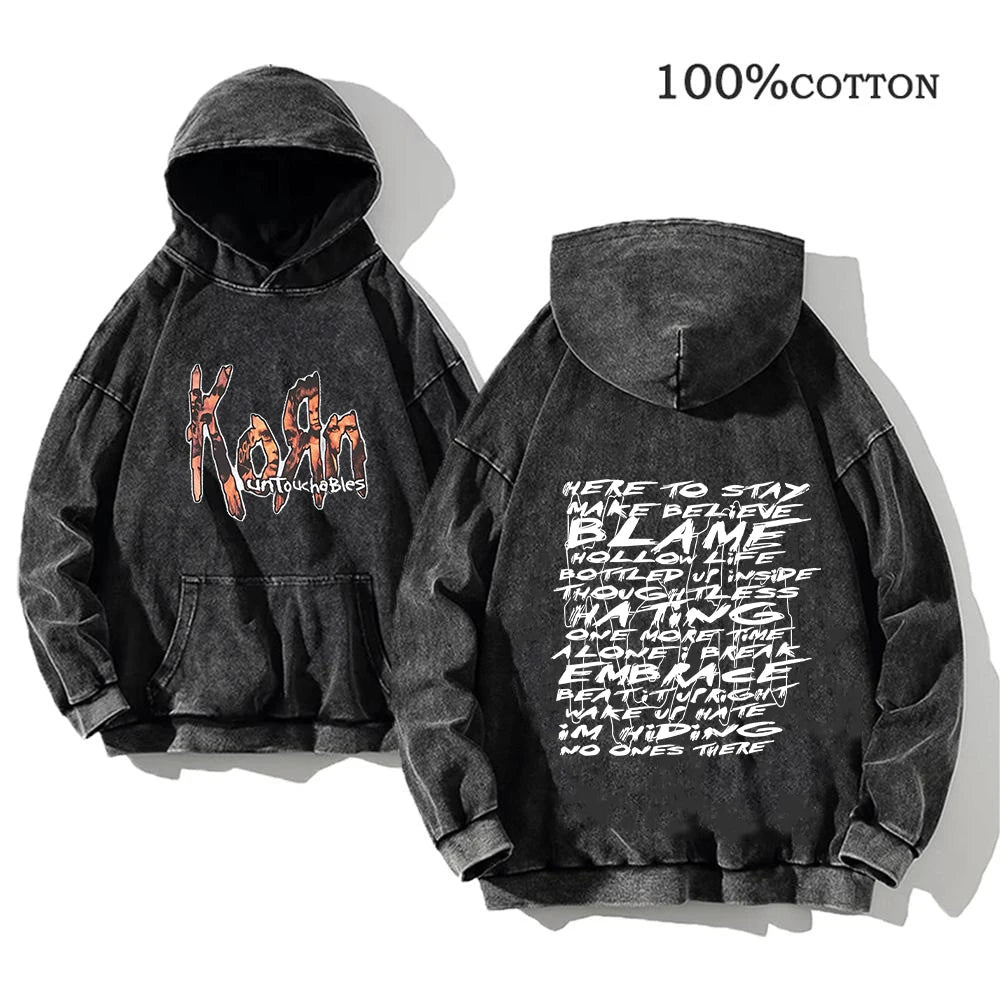Korn World Tour Hoodies Vintage Washed Men's Sweatshirts Cotton Streetwear Hooded Pullover