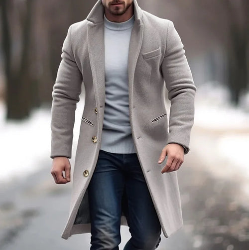 Men Elegant Woolen Jacket with Lapel Pockets Slim Solid Color Collar Trench Coat