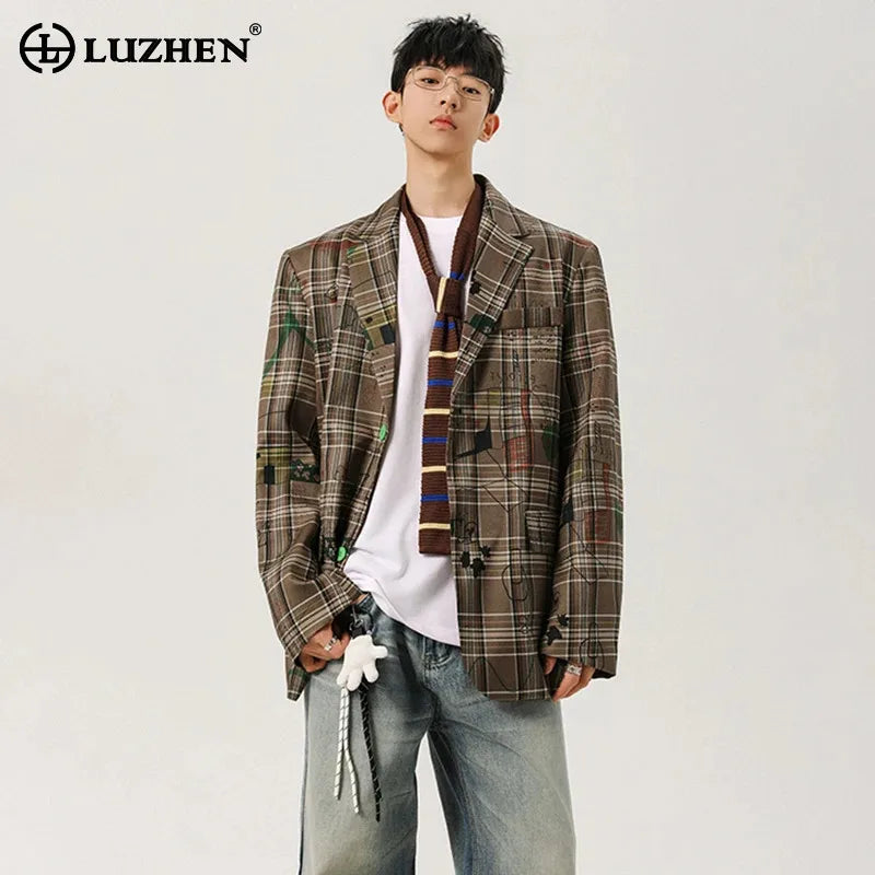 Checked Graffiti Printed Blazer Coat Men's Autumn Loose High Quality Handsome Jacket