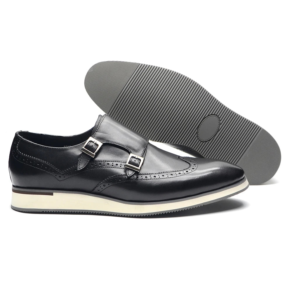 European Men's Genuine Leather Double Monk Strap Wingtip Oxfords Brogue Dress Shoes