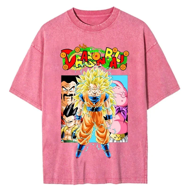 Men Oversized Vintage T Shirt Dragon Ball Washed Cotton Pink Top