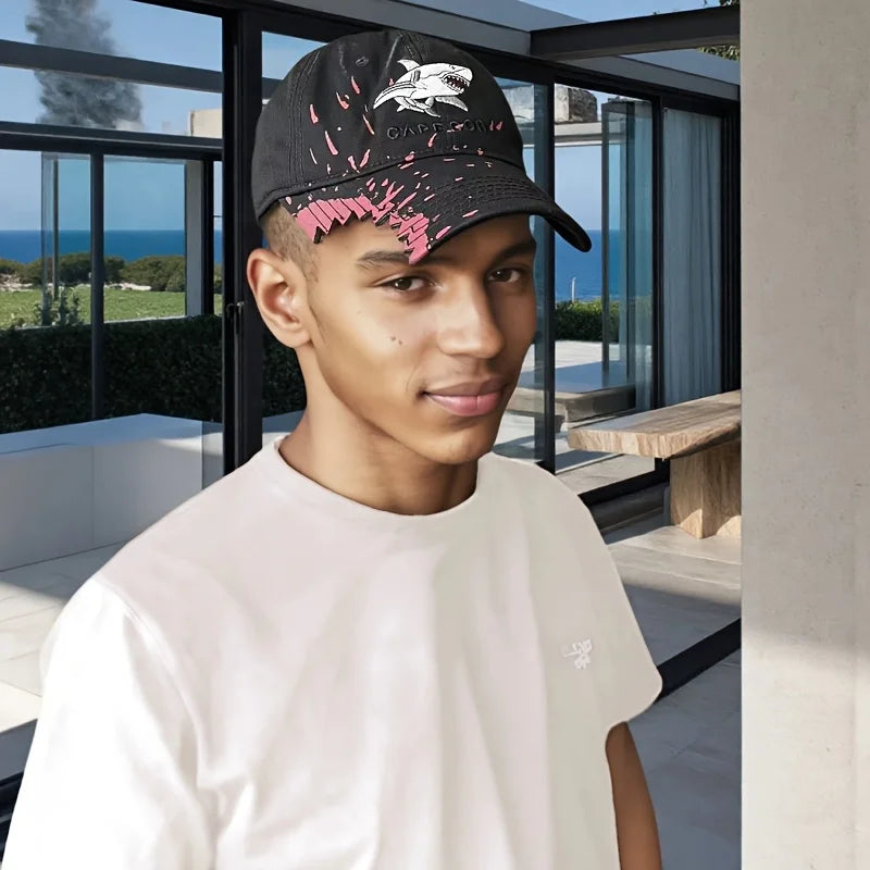 Unisex Shark Embroidered Baseball Cap - Funky Black with Pink Accents Durable High-Quality Fabric