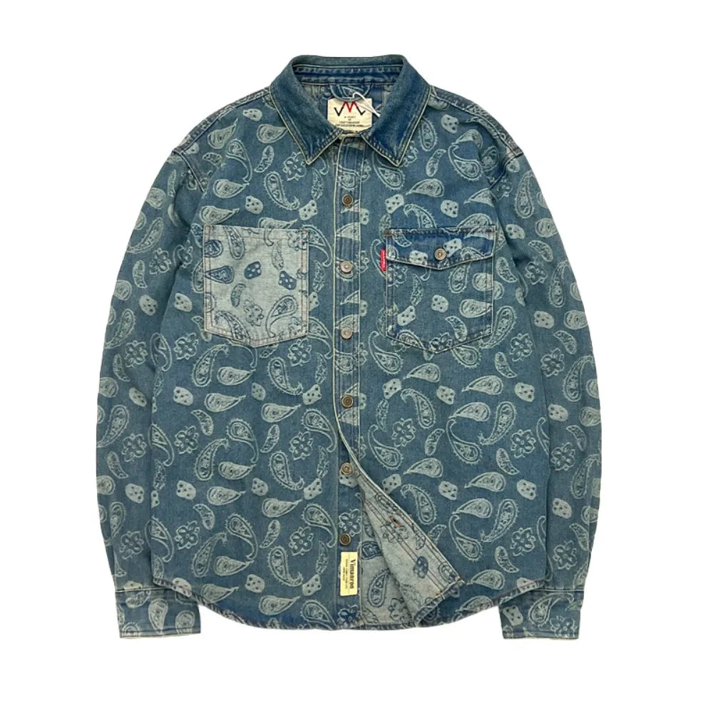 Men's retro American jacquard wash long-sleeved denim cargo loose casual shirt