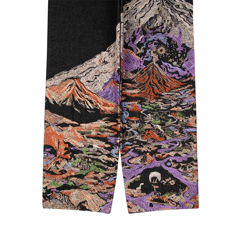 Creative Volcano Starry Sky Pattern Embroidery Design Straight Leg Jeans Men Streetwear