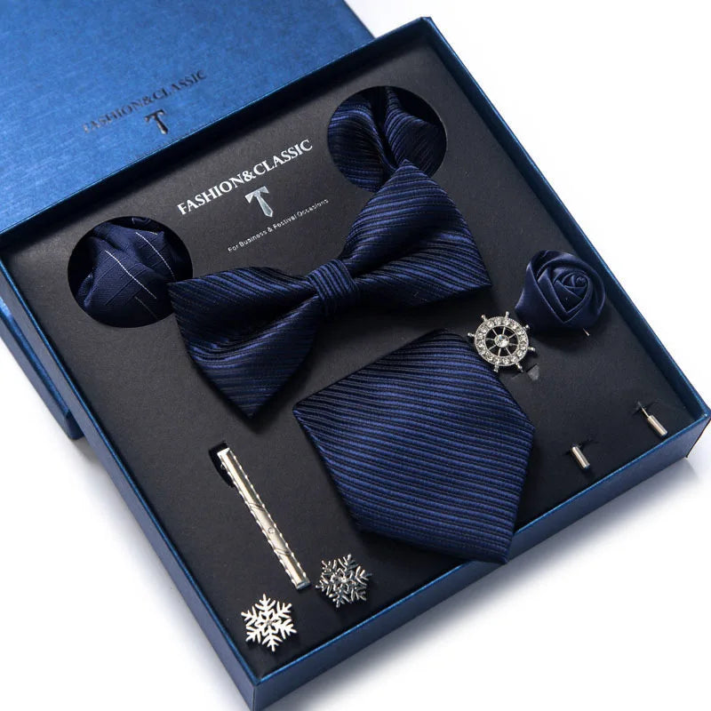 Silk Handkerchief Pocket Squares Cufflink Bow Tie Clip Necktie Set