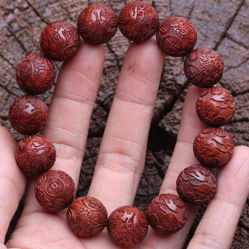 Multicolor Wooden Bracelet Men's 20mm Elastic Bead Lucky Mythical Animal Sculpture