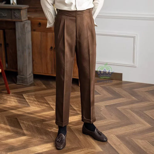 Italian Naples Style Men's Suit Pants High Waisted Straight Fit Formal Trousers