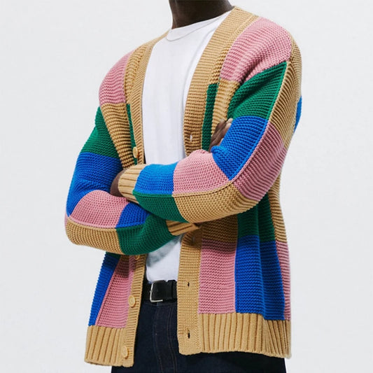 Vintage Patchwork Men Cardigan Single Breasted V Neck Knit Color Block Sweaters