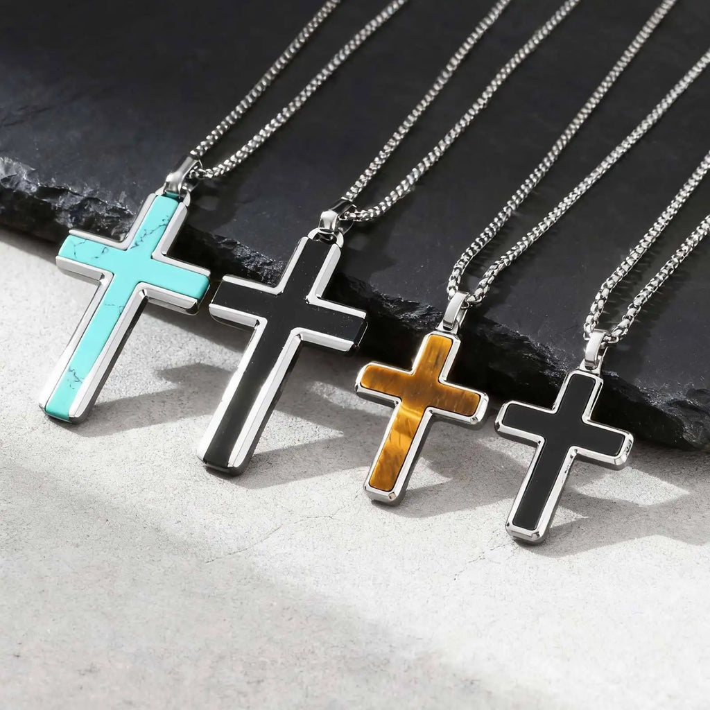 Stylish Men's Natural Onyx Necklace Waterproof Stainless Steel Cross Pendant