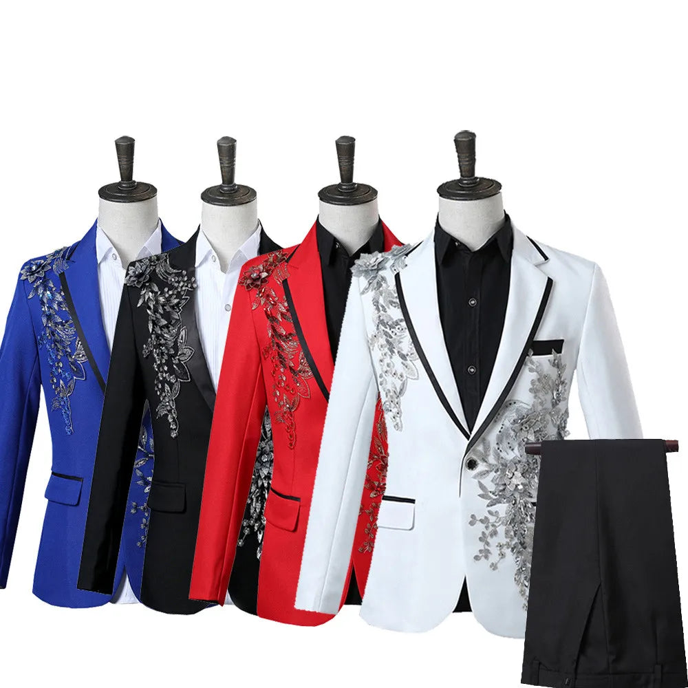 Elegant Appliqued Two-piece Men's Suit Blazer Chinese Style