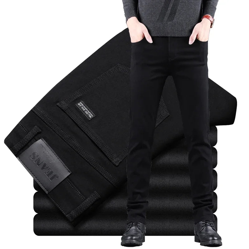 Men's Pure Black Slim Jeans Elastic Straight Leisure Korean Vintage Denim Pants