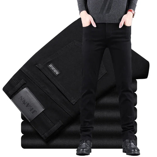Men's Pure Black Slim Jeans Elastic Straight Leisure Korean Vintage Denim Pants