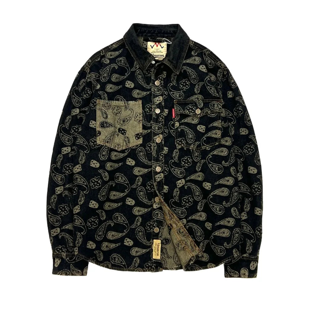 Men's retro American jacquard wash long-sleeved denim cargo loose casual shirt