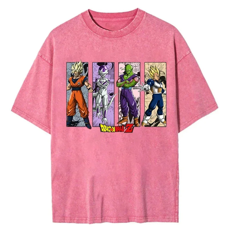 Men Oversized Vintage T Shirt Dragon Ball Washed Cotton Pink Top