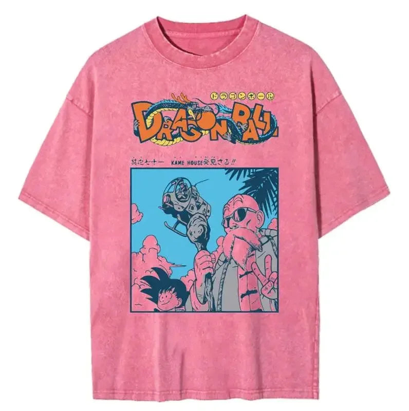 Men Oversized Vintage T Shirt Dragon Ball Washed Cotton Pink Top