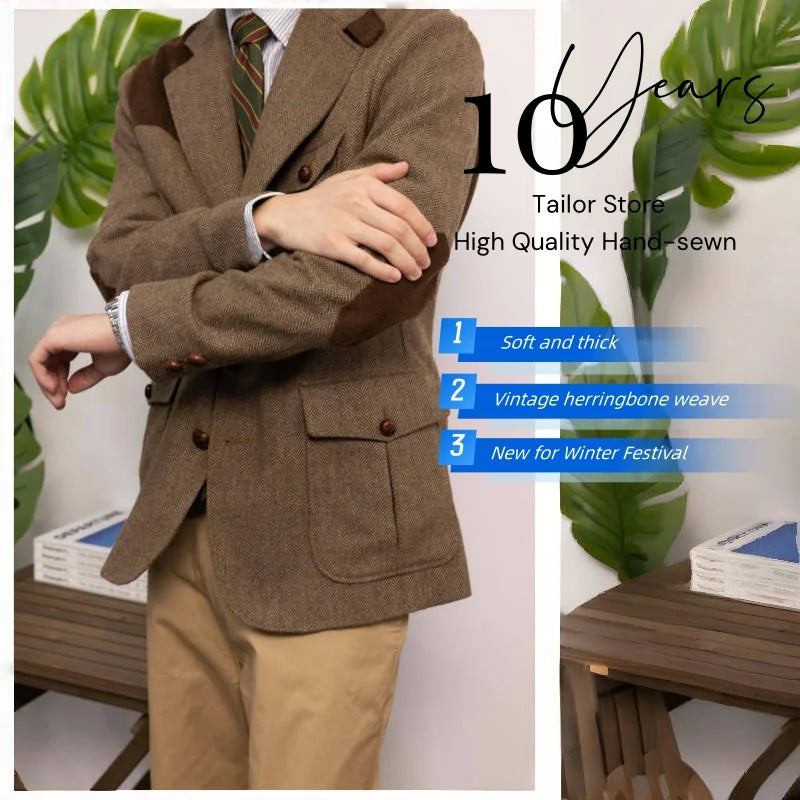 Men's Blazer Herringbone Tweed Jacket Thick Formal Vintage Style Jacket