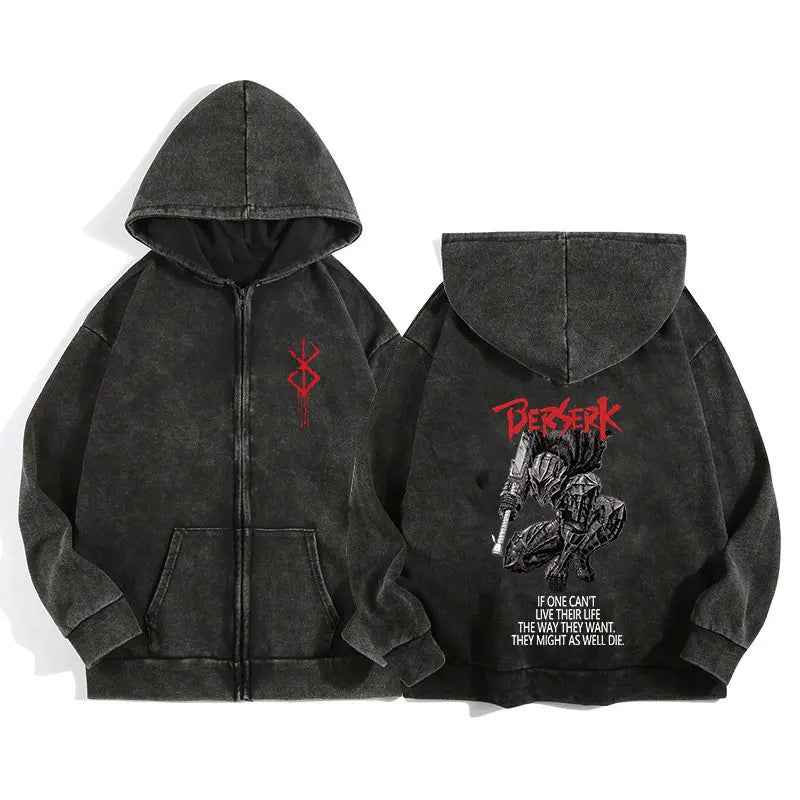 Berserk Wash Zip Up Retro Graphic Hooded Sweatshirt Cotton Unisex Hoodie