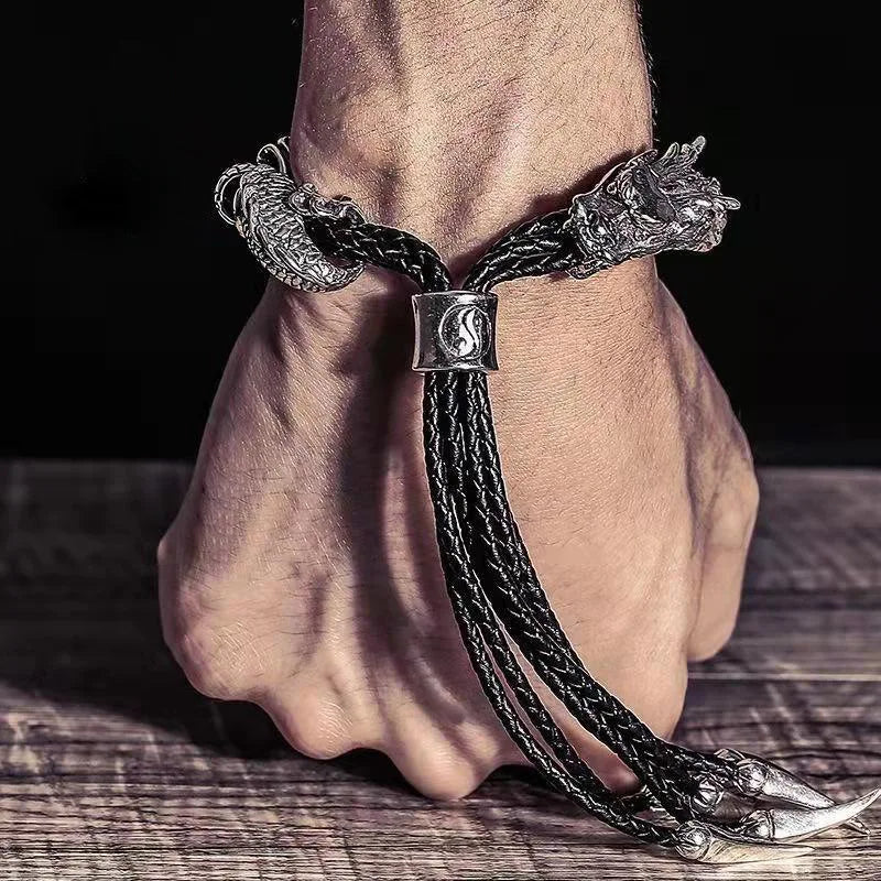 S925 Sterling Silver Vintage Dragon Entangle Leather Rope Exquisite Jewelry Men's Bracelet