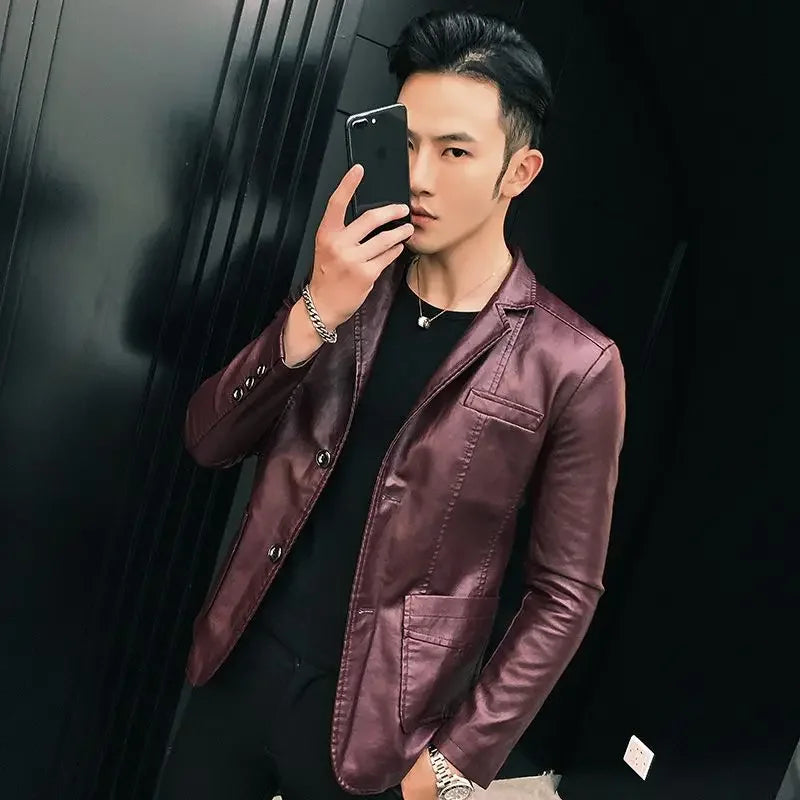 Korean Style Leather Blazer Single Breasted Men's Suit Designer Jackets