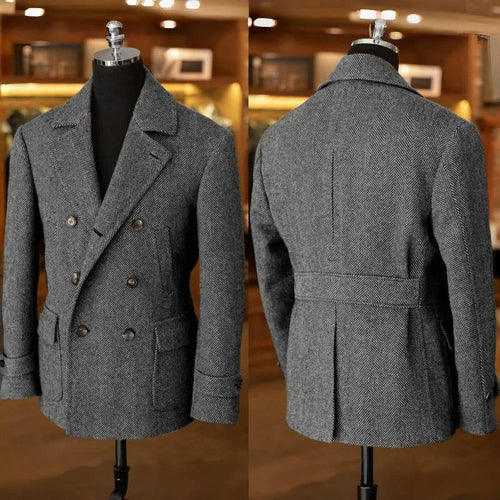Men's Vintage Herringbone Tweed Blazer British Double Breasted Lightweight Coat