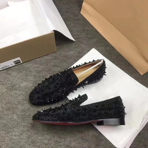 Men's Black Rhinestone Loafers Handmade Luxury Spiked Breathable Red Bottom Shoes