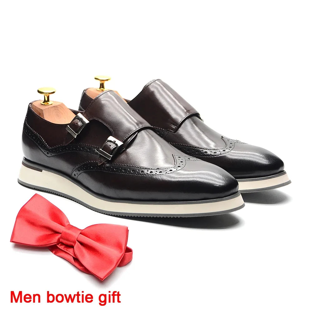 European Men's Genuine Leather Double Monk Strap Wingtip Oxfords Brogue Dress Shoes
